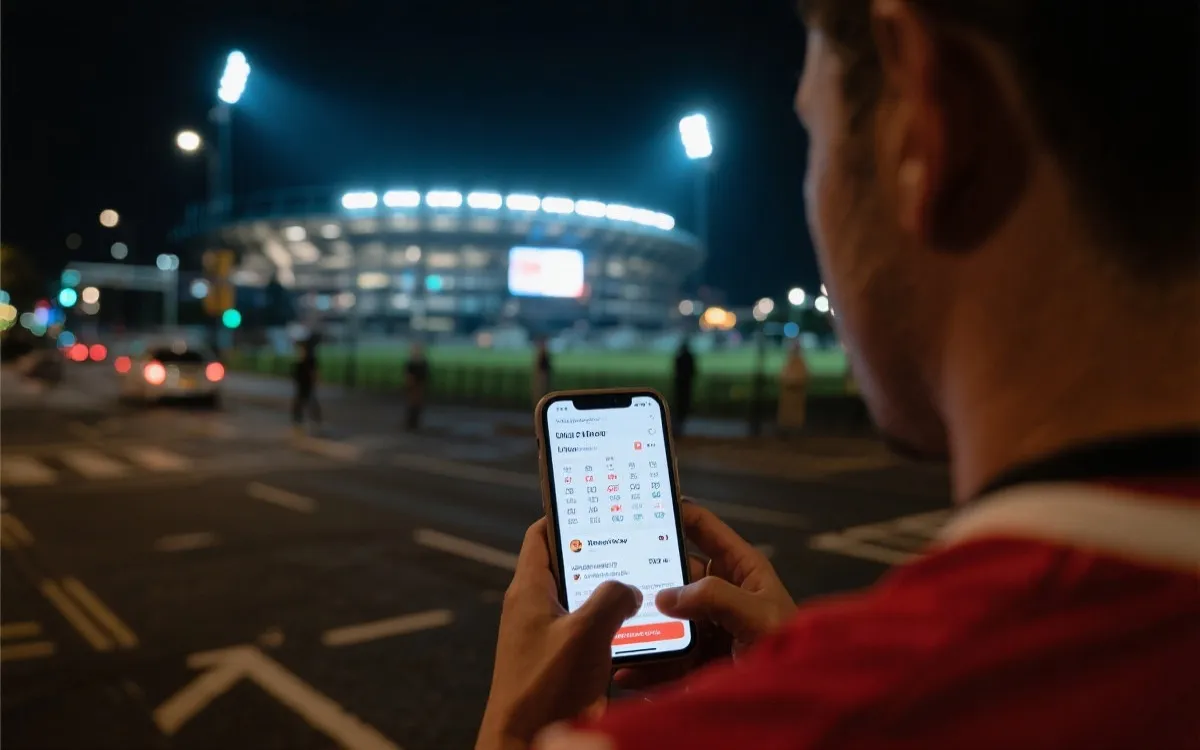 球迷在城市夜景中规划观赛行程：票务与交通同屏的旅行策划画面